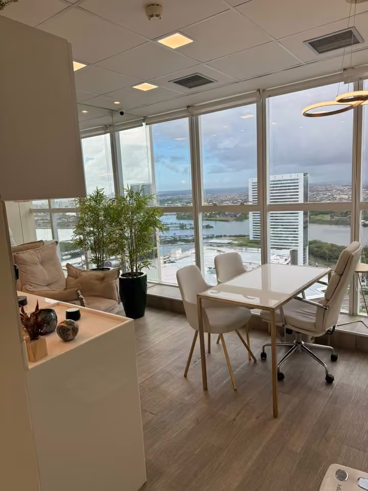 Sala de atendimento da Dra. Sofia Reis com vista panorâmica de Recife