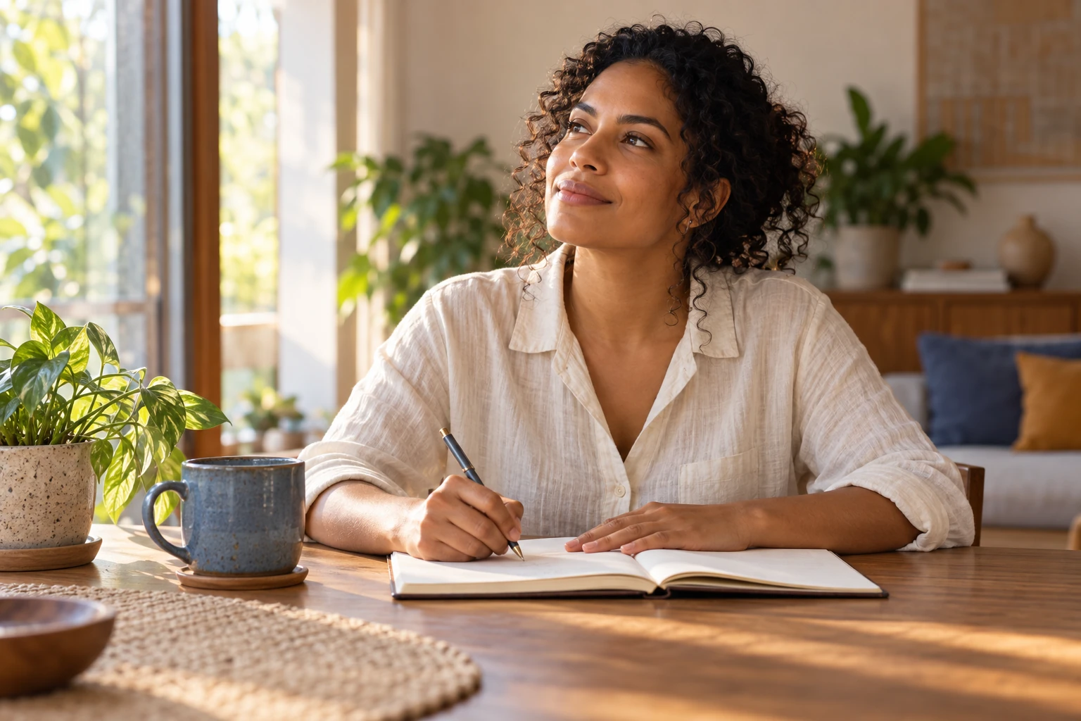 Mulher escrevendo em um caderno perto da janela, com expressão serena e pensativa